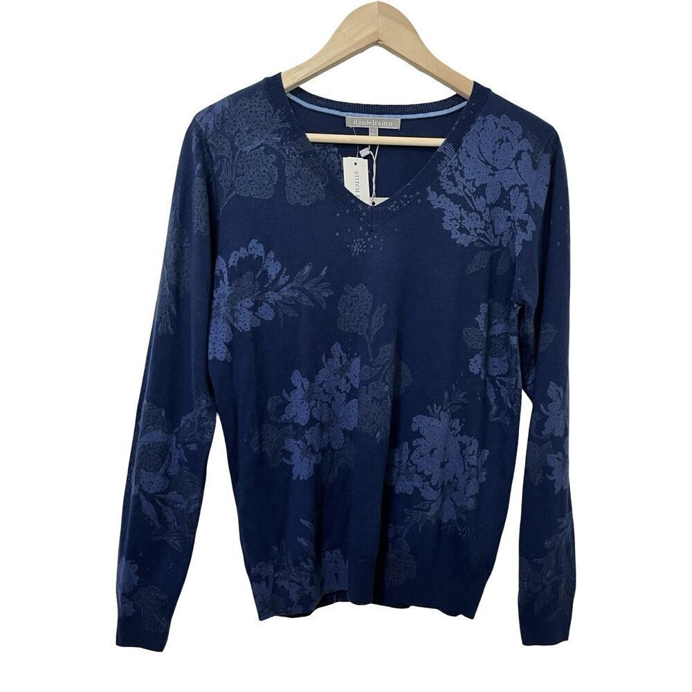 Daniel Rainn Women’s Ari Floral Cashmere Blend V‎ Neck Sweater Size M Navy NWT